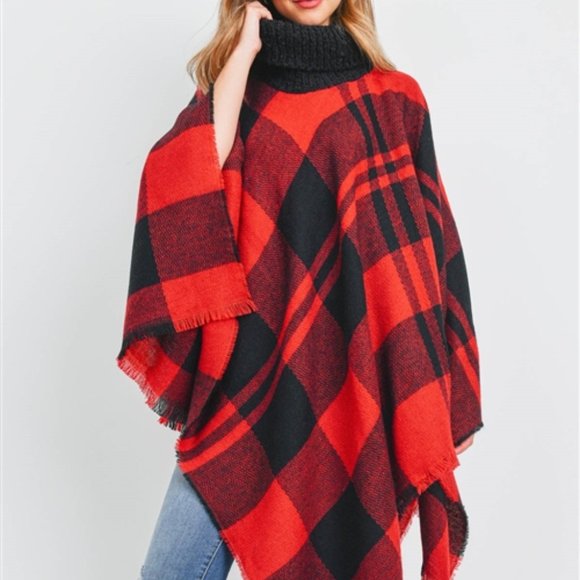 Plaid Print Black /Red Turtleneck Poncho - Picture 3 of 5
